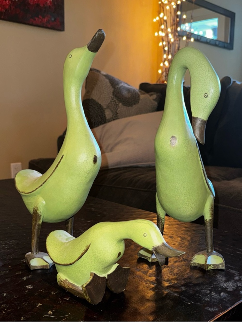 Smith & Hawken Green Duck Figurine Trio with Gold Accents